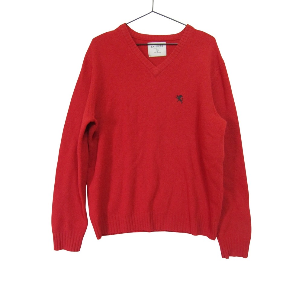 Express Lambs Wool V-Neck Sweater Mens Large Red Good Lion Logo Pullover